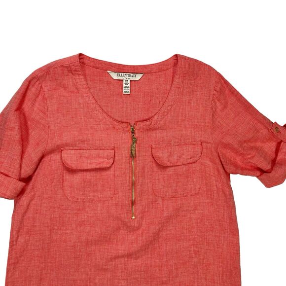 ELLEN Tracy Linen Tops Womens M Coral Summer Comfortable Beachy Casual Blouse - Picture 2 of 16
